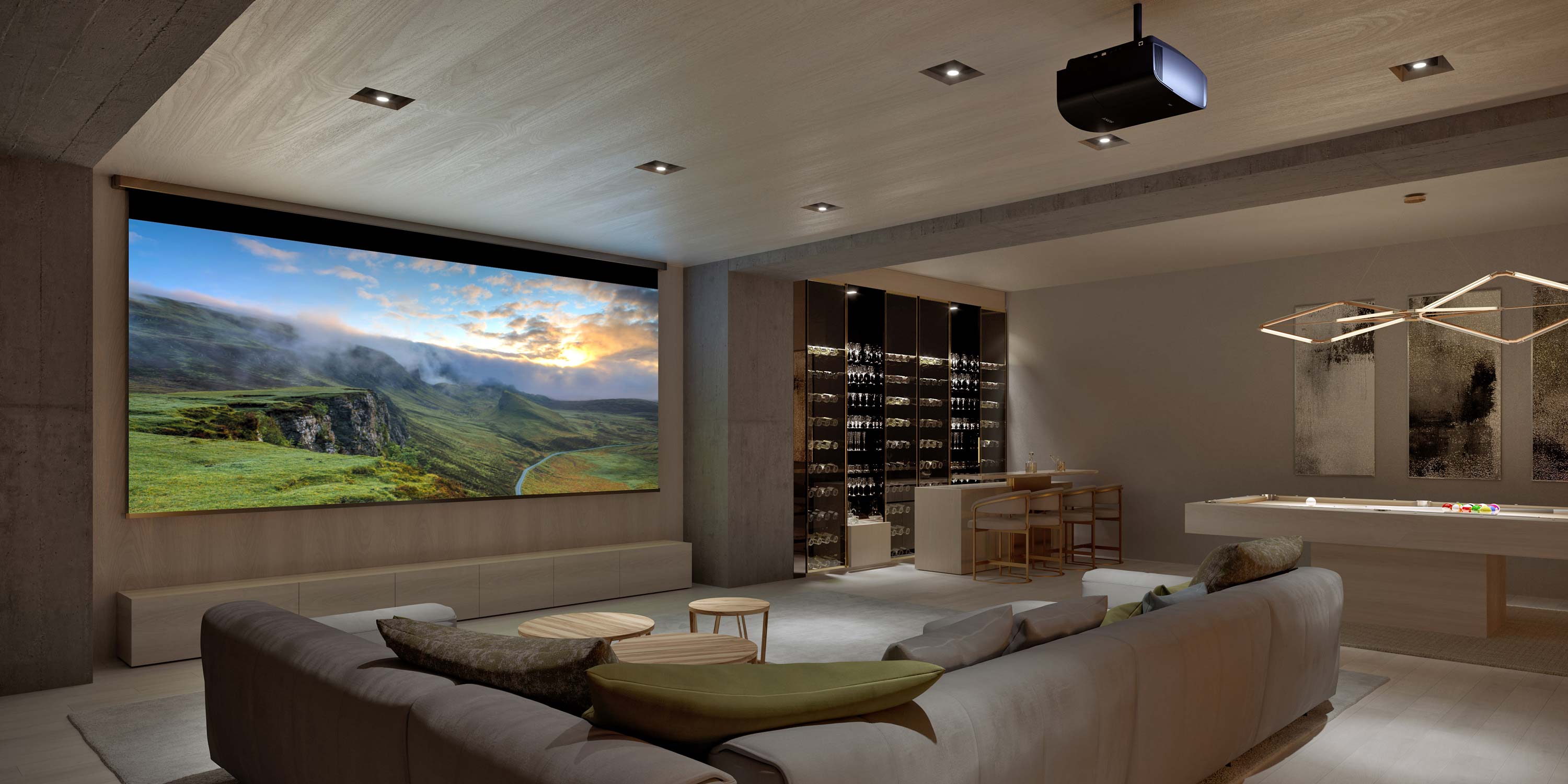 bar and game room with a Sony theater screen
