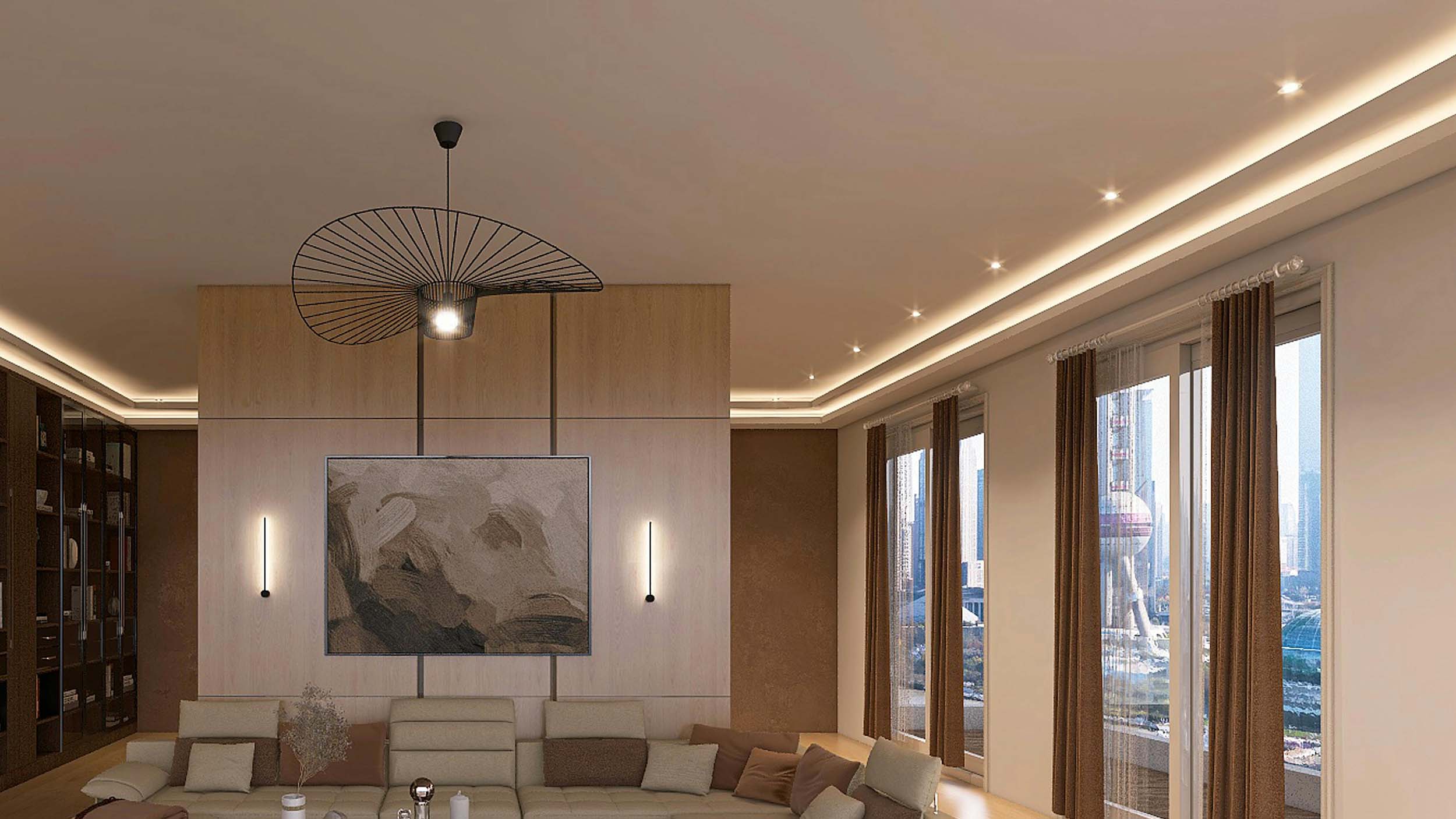 warm toned living room with multiple layers of lighting