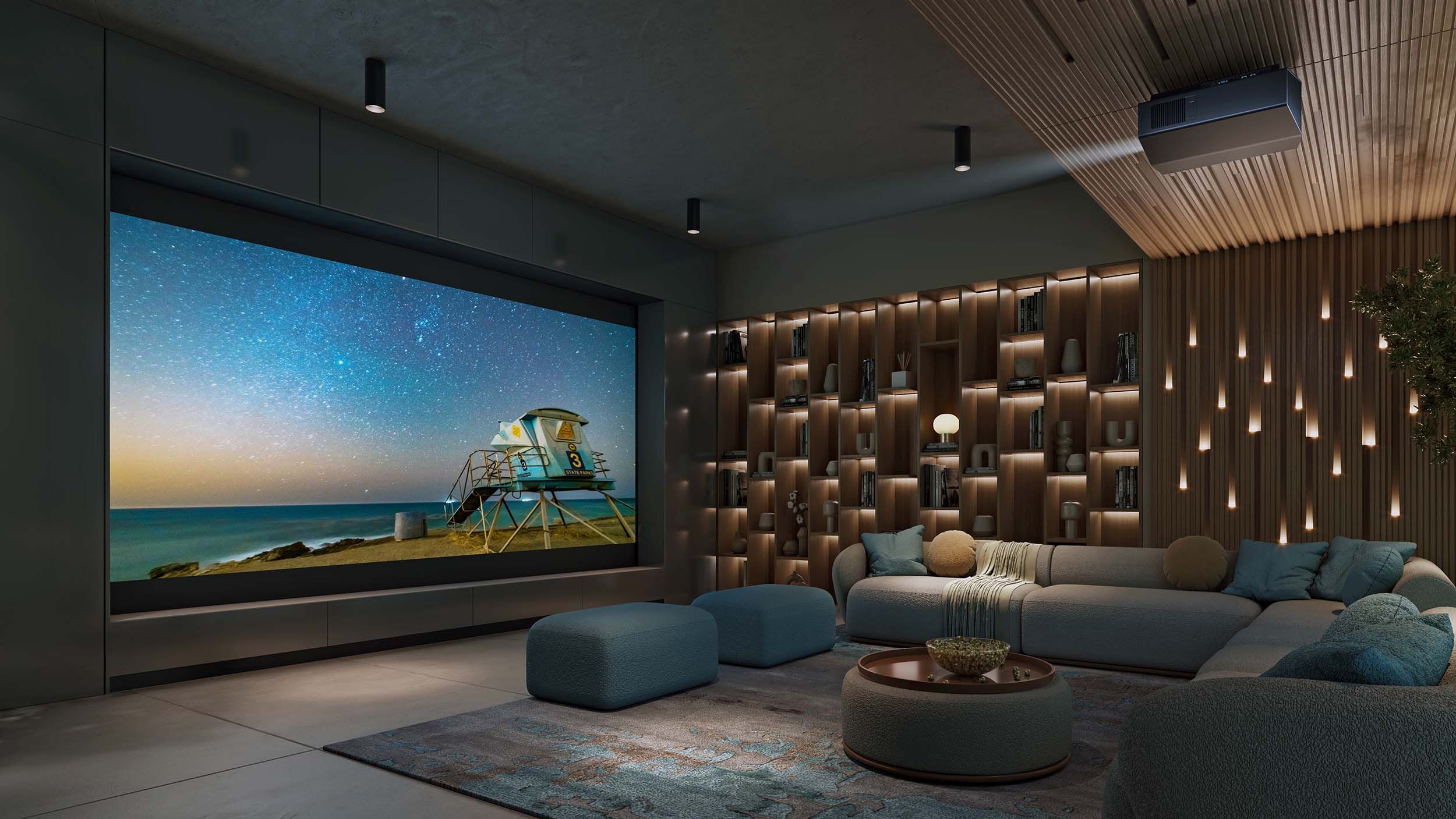 sony home theater with LED lighting and blue tv screen